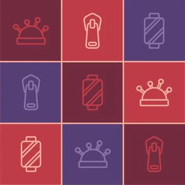 Set line Needle bed and needles, Sewing thread on spool and Zipper icon. Vector Stock Illustration