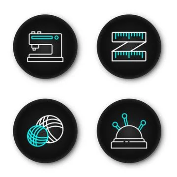 Set line Needle bed and needles, Yarn ball, Tape measure and Sewing machine.. Stock Illustration