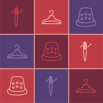 Set line Needle for sewing with thread, Thimble and Hanger wardrobe icon. Vector 스톡 일러스트