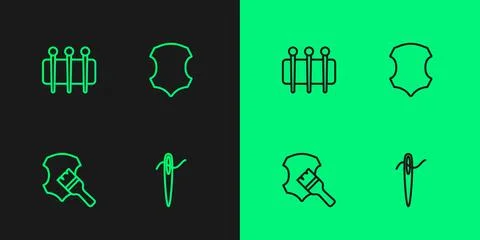 Set line Needle for sewing with thread, Leather, and icon. Vector Illustrazione stock