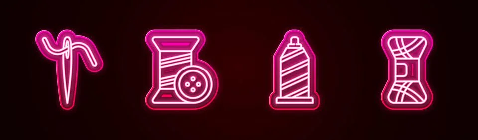 Set line Needle for sewing with thread, Sewing and button, and Yarn. Glowing Stock Illustration