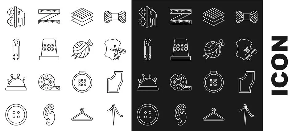 Set line Needle for sewing with thread, Sewing Pattern, Scissors and leather Stock Illustration