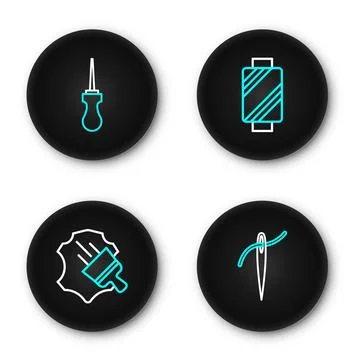 Set line Needle with thread, Leather, Sewing on spool and Awl tool icon. Vect Stock Illustration