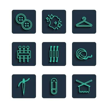 Set line Needle with thread, Safety pin, Knitting needles, Hanger wardrobe Stock Illustration