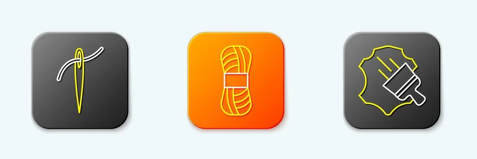 Set line Needle with thread, Yarn and Leather icon. Vector Illustrazione stock