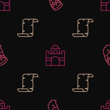 Set line Nefertiti, Papyrus scroll and Egyptian house on seamless pattern Illustrazione stock