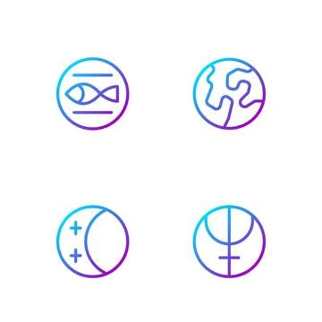 Set line Neptune planet, Eclipse of the sun, Pisces zodiac and Earth globe Stock Illustration