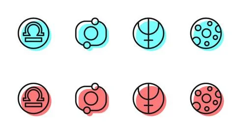 Set line Neptune planet, Libra zodiac, Solar system and Full moon icon. Vector Ilustração Stock