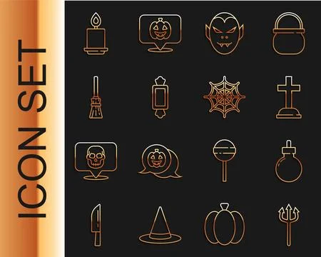 Set line Neptune Trident, Bomb ready to explode, Tombstone with cross, Vamp.. Stock Illustration