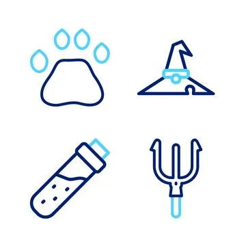 Set line Neptune Trident, Bottle with potion, Witch hat and Bear paw footprint Illustrazione stock