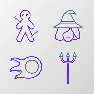 Set line Neptune Trident, Fireball, Witch and Voodoo doll icon. Vector Ilustração Stock