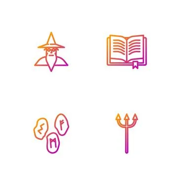 Set line Neptune Trident, Magic runes, Wizard warlock and Ancient magic book. Stock Illustration