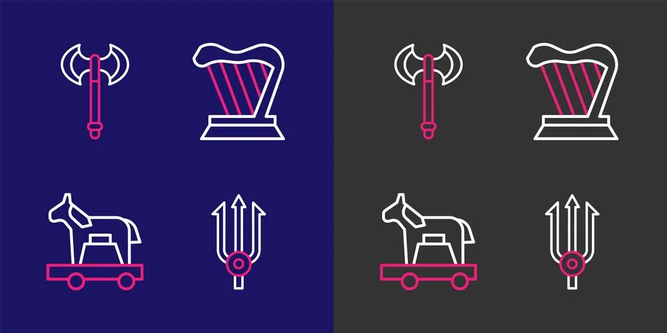 Set line Neptune Trident, Trojan horse, Harp and Medieval axe icon. Vector Stock Illustration