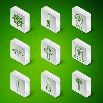 Set line Neptune Trident, Witches broom, Spider web, Tombstone with cross, .. Stock Illustration