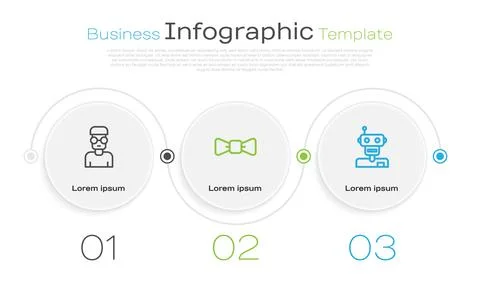 Set line Nerd geek, Bow tie and Robot. Business infographic template. Vector Illustrazione stock