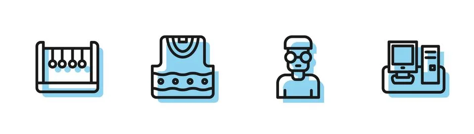 Set line Nerd geek, Pendulum, Waistcoat and Monitor with keyboard icon. Vector Illustrazione stock