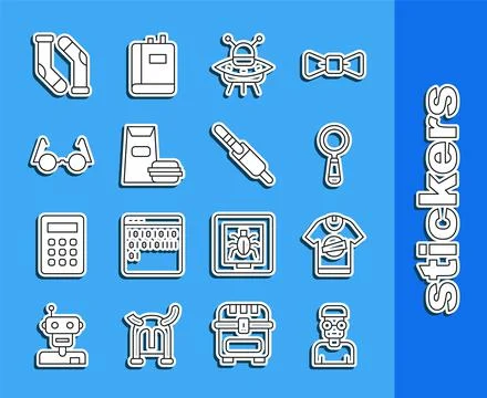 Set line Nerd geek, T-shirt, Magnifying glass, UFO flying spaceship, Burger,  Illustrazione stock