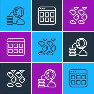 Set line Network cloud connection, Data stream and Browser files icon. Vector Stock Illustration