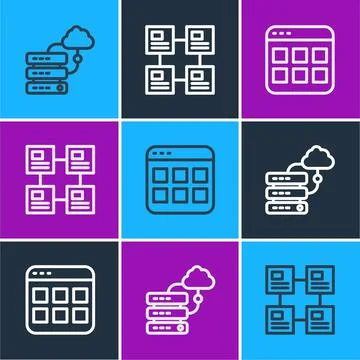 Set line Network cloud connection, Browser files and Hierarchy organogram chart Stock Illustration