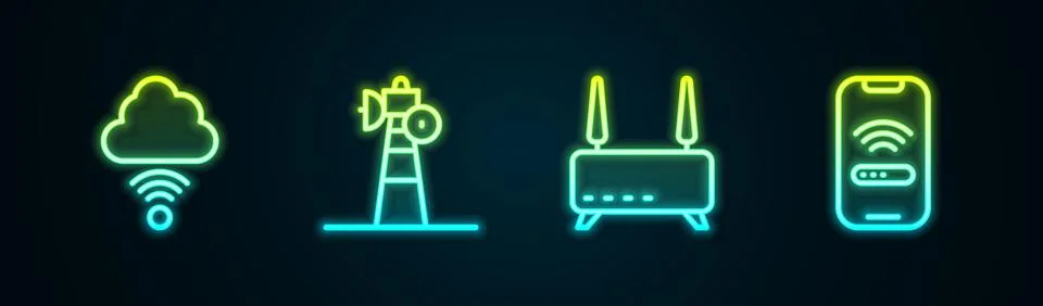 Set line Network cloud connection, Satellite dish, Router and wi-fi signal and Illustrazione stock