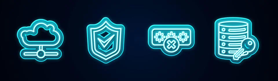 Set line Network cloud connection, Shield with check mark, Password protection 스톡 일러스트