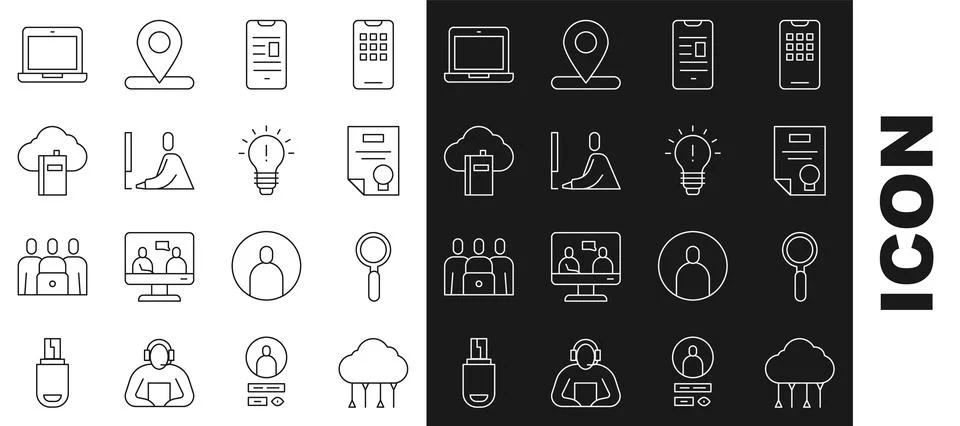 Set line Network cloud connection, Magnifying glass, Certificate template Illustrazione stock