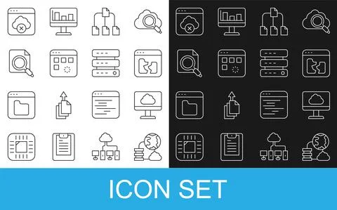 Set line Network cloud connection, Broken file, Folder tree, Loading window Stock Illustration