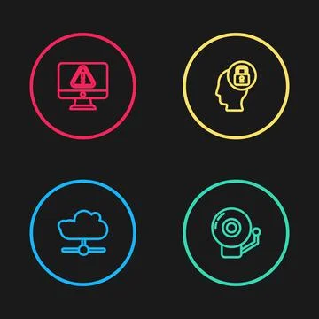 Set line Network cloud connection, Ringing alarm bell, Human head with lock and Illustrazione stock