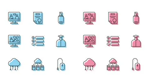 Set line Network cloud connection, Cloud online library, Online education Illustrazione stock