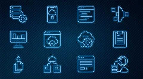 Set line Network cloud connection, Server, Data report, Software, Cloud Stock Illustration