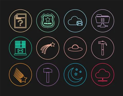 Set line Network cloud connection, Hammer, Cloud mail server, Falling star, Mail Illustrazione stock