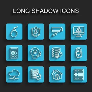 Set line Network cloud connection, Server with shield, Bomb ready to explode Stockillustratie