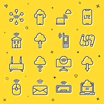 Set line Network cloud connection, Cloud download, Air headphones, upload, Smart Illustrazione stock