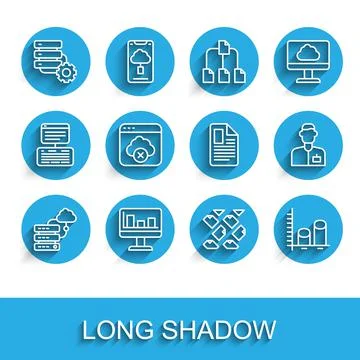 Set line Network cloud connection, Monitor with graph chart, Server and gear Stock Illustration