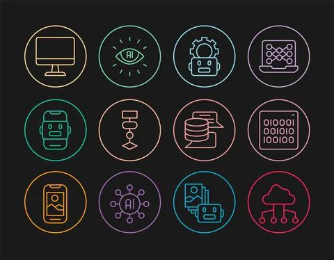 Set line Network cloud connection, Binary code, Robot setting, Algorithm, Chat Stock Illustration