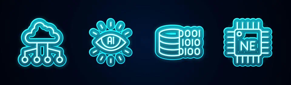 Set line Network cloud connection, Artificial intelligence AI, Binary code and Illustrazione stock
