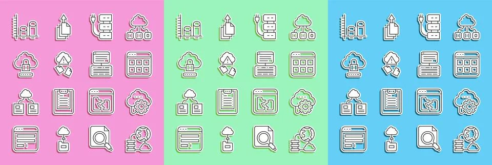 Set line Network cloud connection, Cloud technology data transfer, Browser files Stock Illustration