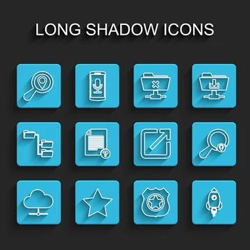 Set line Network cloud connection, Star, Search location, Police badge, Rocket Illustrazione stock