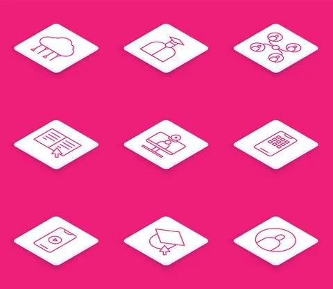 Set line Network cloud connection, Student, Online class, book, Video chat Illustrazione stock