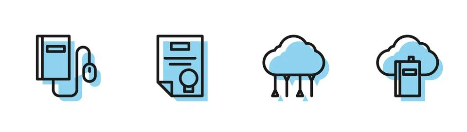 Set line Network cloud connection, Electronic book with mouse, Certificate Stock Illustration