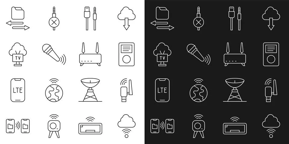 Set line Network cloud connection, Usb wireless adapter, Music player, USB cable Stockillustratie