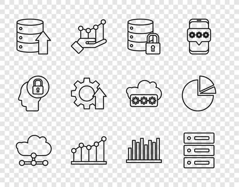 Set line Network cloud connection, Server, Data, Web Hosting, security with lock Stock Illustration