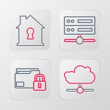 Set line Network cloud connection, Folder and lock, Server, Data, Web Hosting Stock Illustration