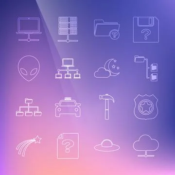 Set line Network cloud connection, Police badge, Folder tree, Unknown directory Stock Illustration