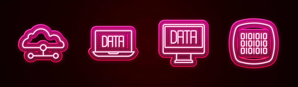 Set line Network cloud connection, Data analysis, and Binary code. Glowing neon Stockillustratie