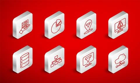 Set line Network cloud connection, Pie chart infographic, Location with sales Stock Illustration