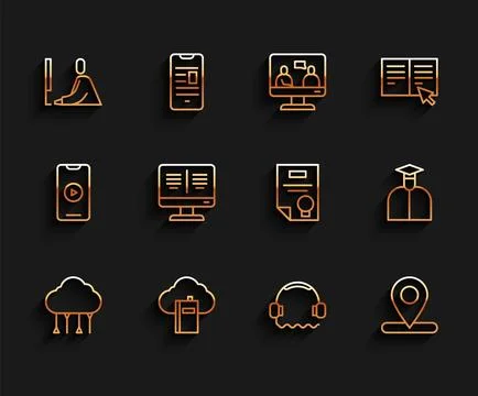 Set line Network cloud connection, Cloud online library, Student working at Illustrazione stock