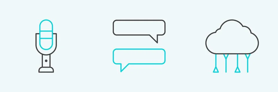 Set line Network cloud connection, Microphone and Speech bubble chat icon. Ve 스톡 일러스트