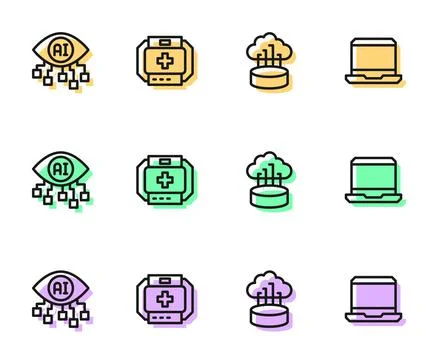 Set line Network cloud connection, Computer vision, First aid kit and Laptop  Stock Illustration