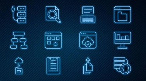 Set line Network cloud connection, Monitor with graph chart, Server, Data, We Stock Illustration